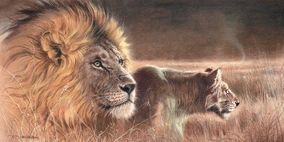 Renato Casaro, She has a job (Natur, Afrika,  Tier, Raubkatze, Löwe, Löwin, Jagd, Mähne, Wohnzimmer, Kunst, Modern, Malerei, Fotorealismus,  bunt)