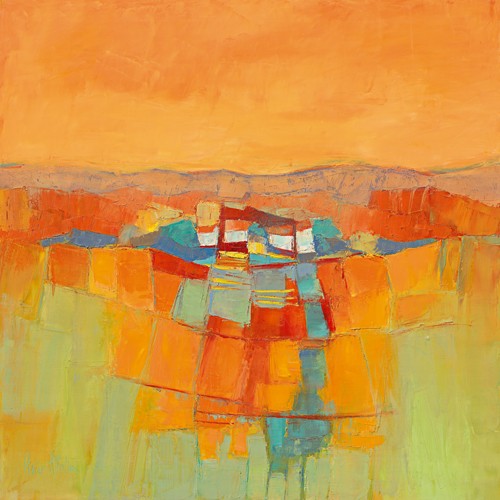 Regine Pivier-Attolini, Le hameau (Malerei, Dorf, kleines Dorf, Landschaft, Horizont, abstrahiert, modern, zeitgenössisch, dekorativ, Wohnzimmer, Esszimmer, Wunschgröße, orange/bunt)