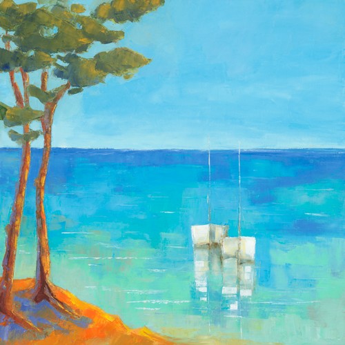 Regine Pivier-Attolini, Mditerrane I (Meer, Küste, Segelboote, mediterran, Sommer, Urlaub, Meesesbrise, Horizont, modern, zeitgenössisch, dekorativ, Wohnzimmer, Esszimmer, Wunschgröße, bunt)