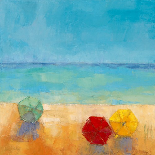 Regine Pivier-Attolini, Parasols II (Malerei, Strand, Meer, Sonnenschirme, Horizont, Meeresbrise, zeitgenössisch, Treppenhaus, Wohnzimmer, Badezimmer, Wunschgröße, bunt)