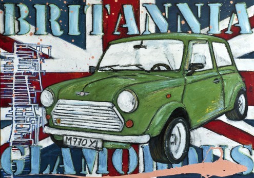  Rainer Hüttner, Britannia (Mini cooper, Britisches Auto, England, Großbritannien, britische Flagge, Union Jack, fröhlich, lebendig, modern,  zeitgenössisch, Wohnzimmer, Jugendzimmer, Treppenhaus, Wunschgröße, bunt)