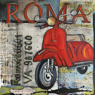  Rainer Hüttner, Roma I (Roller, Vespa, Rom, Italien, Symbol, fröhlich, lebendig, modern,  zeitgenössisch, Wohnzimmer, Wunschgröße, Jugendzimmer, Treppenhaus, bunt)