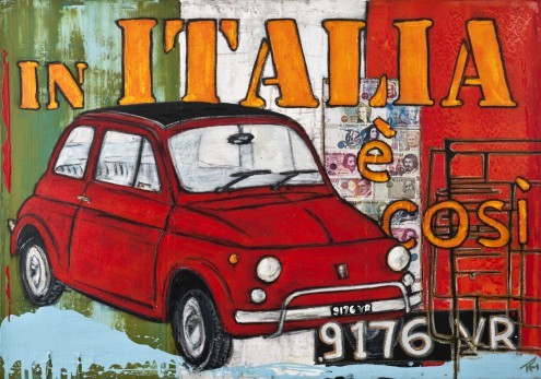  Rainer Hüttner, In Italia (Fiat fünfhundert, cinquecento, Auto, Italien, Italienische Flagge, fröhlich, lebendig, modern, Wohnzimmer,  zeitgenössisch, Wunschgröße, Jugendzimmer, Treppenhaus, bunt)