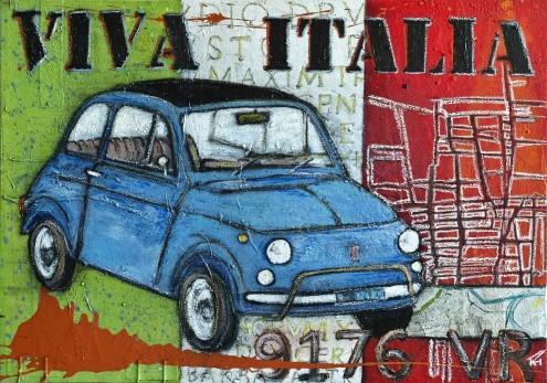  Rainer Hüttner, Viva Italia (Fiat fünfhundert, cinquecento, Auto, Italien, Italienische Flagge, fröhlich, lebendig, modern,  zeitgenössisch, Wohnzimmer, Wunschgröße, Jugendzimmer, Treppenhaus, bunt)