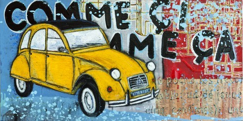  Rainer Hüttner,  Comme ci comme ca (Ente, Citroen 2 CV, Symbol, Frankreich, Auto, französisches Auto, fröhlich, lebendig, modern,  zeitgenössisch, Wohnzimmer, Wunschgröße, Jugendzimmer, Treppenhaus, bunt)