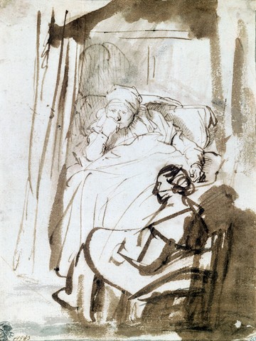 Rijn van Rembrandt, Saskia im Bett mit Krankenschwester (Saskia, krank, Bett, Klassiker, Radierung, Grafik, Barock, Wohnzimmer, Schlafzimmer, schwarz / weiß)