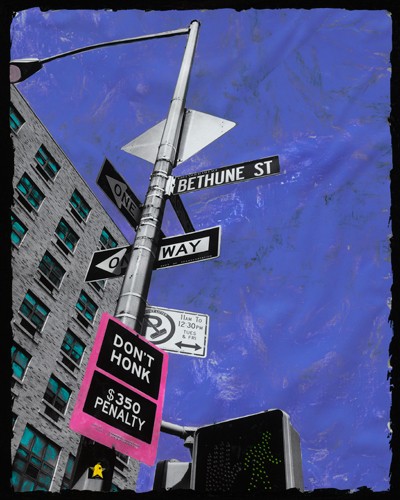 Riccardo Simonutti, Dont Honk (Pop Art, New York, Manhattan, Architektur, Verkehrsschild, Hupverbot, nicht hupen,  Mediamix, Fotokunst, Wohnzimmer, Jugendzimmer, Büro,  Wunschgröße, zeitgenössisch, schwarz/weiß/bunt)
