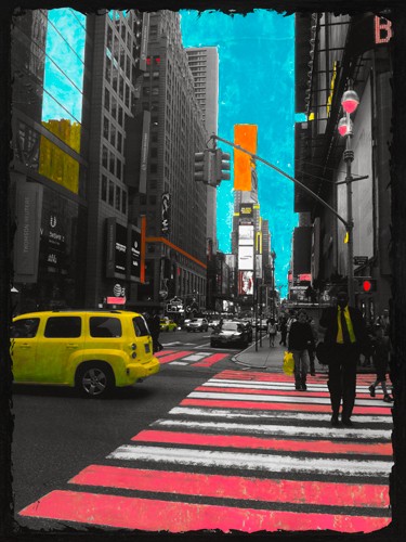 Riccardo Simonutti, Pink Corner (Pop Art, Straße, New York, Manhattan, Architektur, Zebrastreifen, Mediamix, Fotokunst,  Fotokunst, Wohnzimmer, Jugendzimmer,  Büro,  Wunschgröße, zeitgenössisch, schwarz/weiß/bunt)