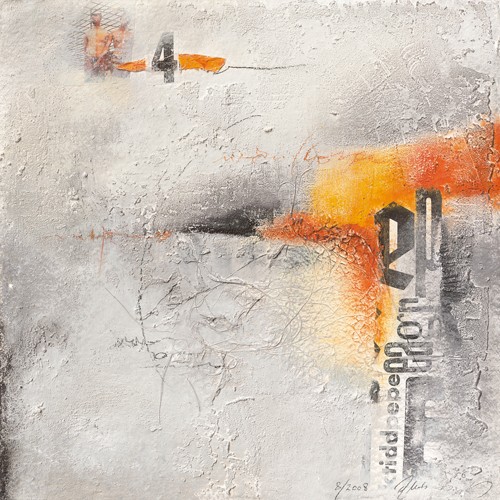 Rita Marks, Abstrakt III (Abstrakte Malerei, Collage, Zeitungspapier, Farbflächen, Struktur, modern, zeitgenössisch, Wohnzimmer, Treppenhaus, Büro, Business, Wunschgröße, grau/gelb)