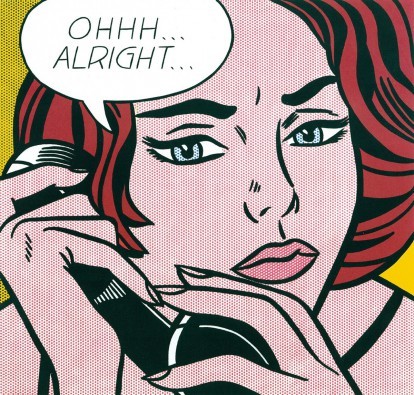 Roy Lichtenstein, Oh Alright (Pop/Op Art, Comic, Pop Art, Amerikanische Kunst, Frau, Telefon, Telefonhörer, Enttäuschung, Klassische Moderne, Malerei, bunt, Jugendzimmer, Wohnzimmer)
