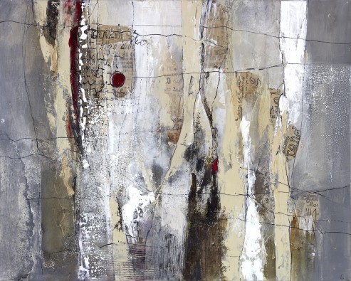 Rose Lamparter, Roter Punkt 1 (Abstrakte Kunst, zeitgenössische Moderne, Malerei, Wohnzimmer, Büro, Business, Arztpraxis, Wunschgröße, grau/blau)