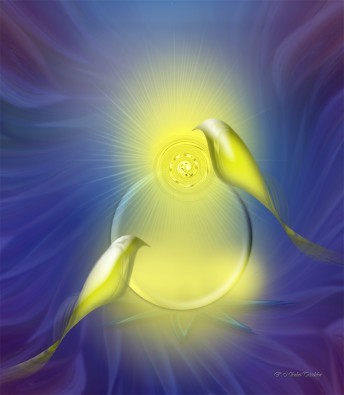 Rosemarie Nikolai-Trischka, Frieden (Licht, göttliches Licht, Paradiesvögel, Vögel, Meditation, innere Mitte, Seelenfrieden, Wellness, Wohlbefinden, Vision, Inspiration, spirituell, religiös, Schlafzimmer, Wohnzimmer, Treppenhaus, Wunschgröße, lila/gelb)