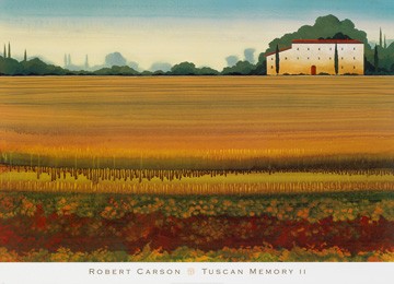 Robert Carson, Tuscan Memory II (Landschaften,Bistro,Flur,Soziale Einrichtungen,Treppenhaus,hellblau,beige,braun,rotFeld,Haus)