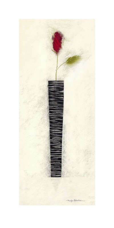 Marilyn Robertson, BLACK AND WHITE/ROSE SINGLE II (Malerei, Stillleben, Rose, Blumen, Blüten, Vase, dekorativ, Schlafzimmer, Treppenhaus, Wohnzimmer, bunt)