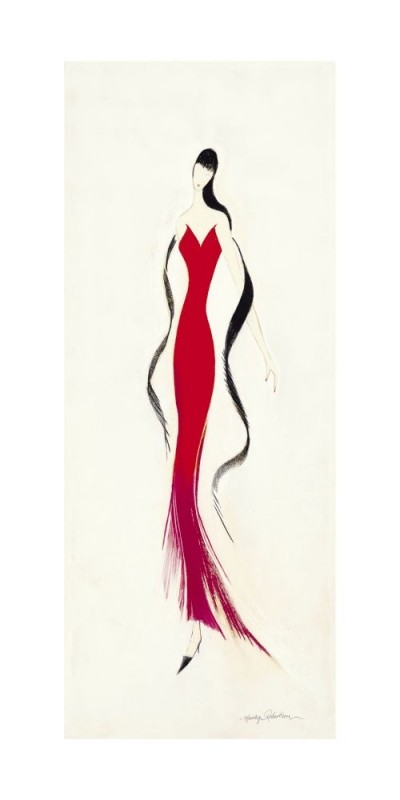 Marilyn Robertson, LADY IN RED II (Malerei, Frau,rotes Kleid, Abendkleid, Eleganz, lange Haare, dekorativ, Schlafzimmer, Treppenhaus, Wohnzimmer, schwarz / weiß, rot)