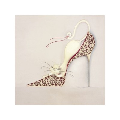 Marilyn Robertson, The Purrfect Fit II (Malerei, Katze, weiße Katze, Schuh, Pumps, High heels, dekorativ, Schlafzimmer, Treppenhaus, Wohnzimmer,  Bistro, bunt)