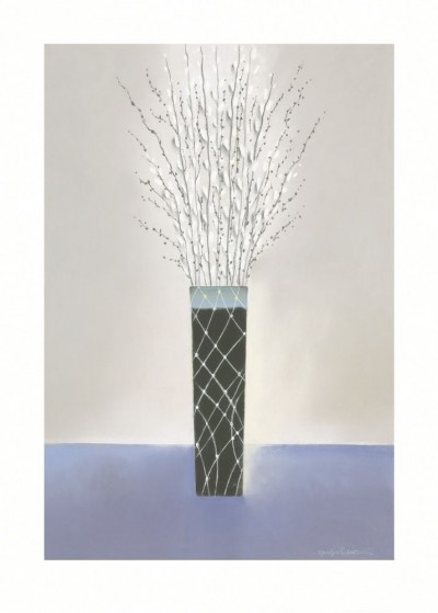 Marilyn Robertson, WILLOW (Malerei, Stillleben, Blumen, Blüten, Vase, Blütenzweige, dekorativ, Schlafzimmer, Treppenhaus, Wohnzimmer,  grau / blau)