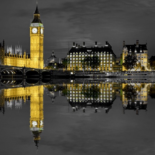 Rolf Fischer, London Big Ben (Wunschgröße, Fotokunst, Metropole, London, Themse, Fluss, Big Ben, Abendszenen, Reflexionen, Architektur, Flur, Treppenhaus, Wohnzimmer, gelb / schwarz / weiß)