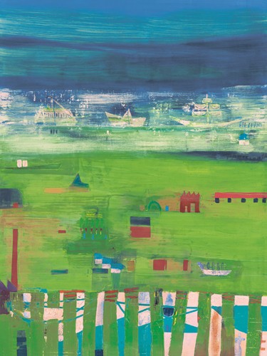 Rose Richter-Armgart, At the Seaside (Abstrakte Malerei, Farbfelder, abstrahierte Landschaft, Meer, Boote, Papierboote,Zaun, Muster, modern, Büro, Wohnzimmer, Abstrakt, grün, Wunschgröße)