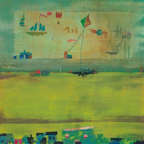 Rose Richter-Armgart, Green Landscape (Abstrakte Malerei, Farbfelder, abstrahierte Landschaft, Drachen steigen, Häuser, Felder, Muster, modern, Wohnzimmer, Büro, Business, Abstrakt, grün, Wunschgröße)