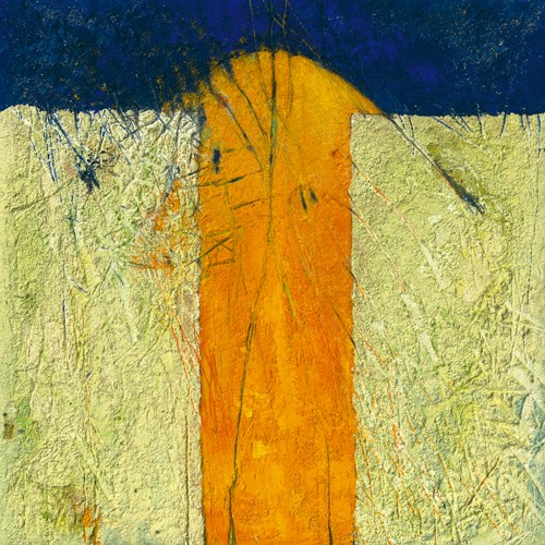 Rosita Oremek, 111 (Wunschgröße, Abstrakt, Abstrakte Malerei,  Farbfäden, Farbfelder, Streifen, modern, Business, Büro, blau/gelb)