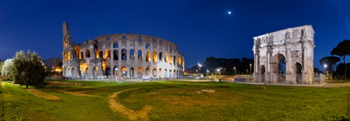 Rolf Fischer, Kolosseum mit Konstantinsbogen Rom (Wunschgröße, Fotokunst, Metropole, Rom, Italien, Antike, Wahrzeichen, Abendszenen, Reflexionen, Architektur, Flur, Treppenhaus, Wohnzimmer, bunt)