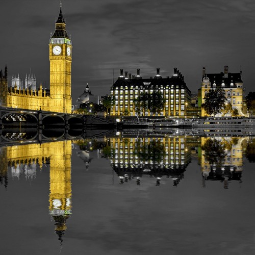 Rolf Fischer, London Big Ben (Wunschgröße, Fotokunst, Metropole, London, Themse, Fluss, Big Ben, Abendszenen, Reflexionen, Architektur, Flur, Treppenhaus, Wohnzimmer, gelb / schwarz / weiß)