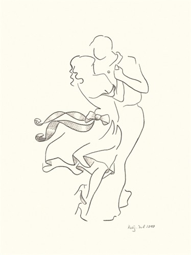 Rosy Schneider, L'amore (Tänzer, Tanz, Liebe, Tango, Grafik, Zeichnung, Personen, Dynamik, Bewegung, Schwung, Treppenhaus, Tanzschule, Wohnzimmer, Wunschgröße, schwarz/weiß)