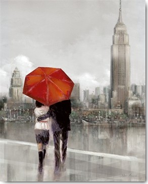 Ruane Manning, Modern Couple in NY (Wunschgröße, Malerei, New York, Metropole, USA, Spaziergang, Paar, Liebespaar, Umarmung, Regen, Regenschirm, Empire State Building, Wohnzimmer, grau / rot)