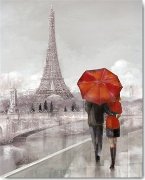 Ruane Manning, Modern Couple in Paris (Wunschgröße, Malerei, Paris, Metropole, Frankreich, Spaziergang, Paar, Liebespaar, Umarmung, Regen, Regenschirm, Wahrzeichen, Eifellturm, Wohnzimmer, grau / rot)