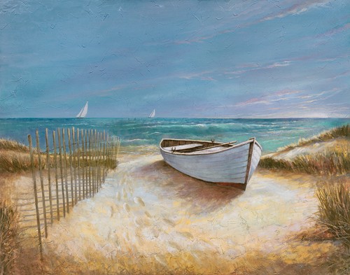 Ruane Manning, Ocean Breeze (Wunschgröße, Malerei, Landschaften, Meer, Strand, Horizont, Meeresbrise, Sand, Düne, Boot, Ruderboot, Segelboote, Einsamkeit, Wohnzimmer, Schlafzimmer, bunt)