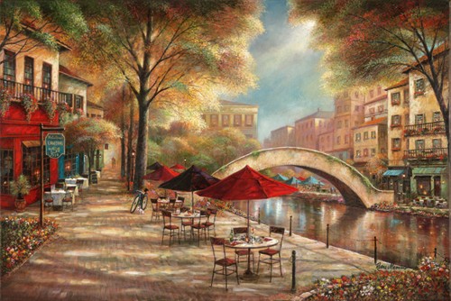 Ruane Manning, Riverwalk Charm (Wunschgröße, Malerei, Dorf, Idylle, Fluss, Brücke, Häuser, Restaurant, Pub, Sonnenlicht, Sonnenflecken, romantisch, Wohnzimmer, Gastronomie, Esszimmer, bunt)