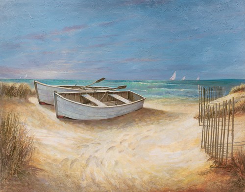 Ruane Manning, Sands of Time (Wunschgröße, Malerei, Landschaften, Meer, Strand, Horizont, Meeresbrise, Sand, Düne, Boot, Ruderboot, Segelboote, Einsamkeit, Wohnzimmer, Schlafzimmer, bunt)