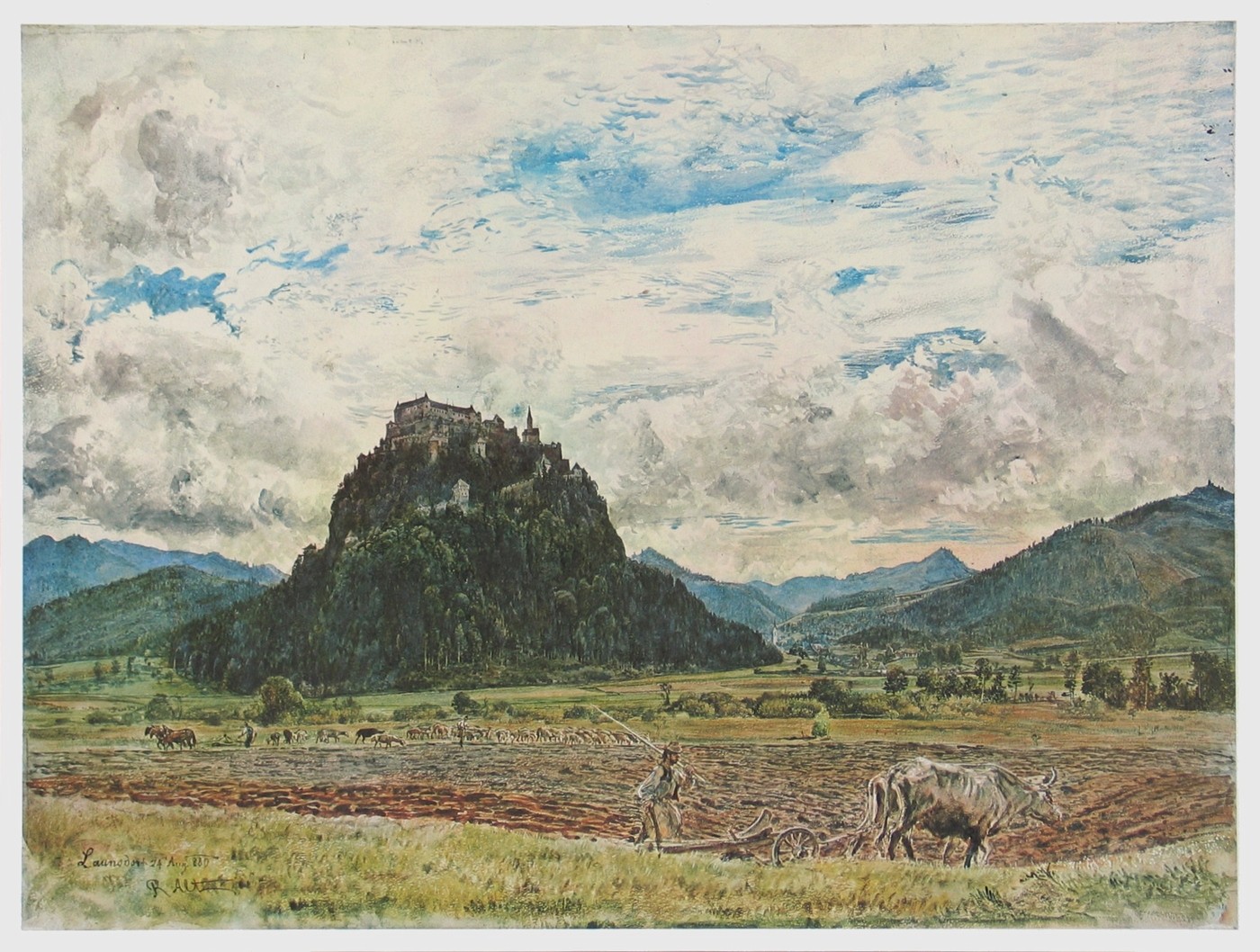 Rudolf Alt, Burg Hochosterwitz in Kärnten (Malerei, Aquarell, Landschaft, Hochburg, Burg, Festung, Gebirge, Alpen, Berge, Natur, Kärnten, Österreich, Klassiker, Wohnzimmer, bunt)