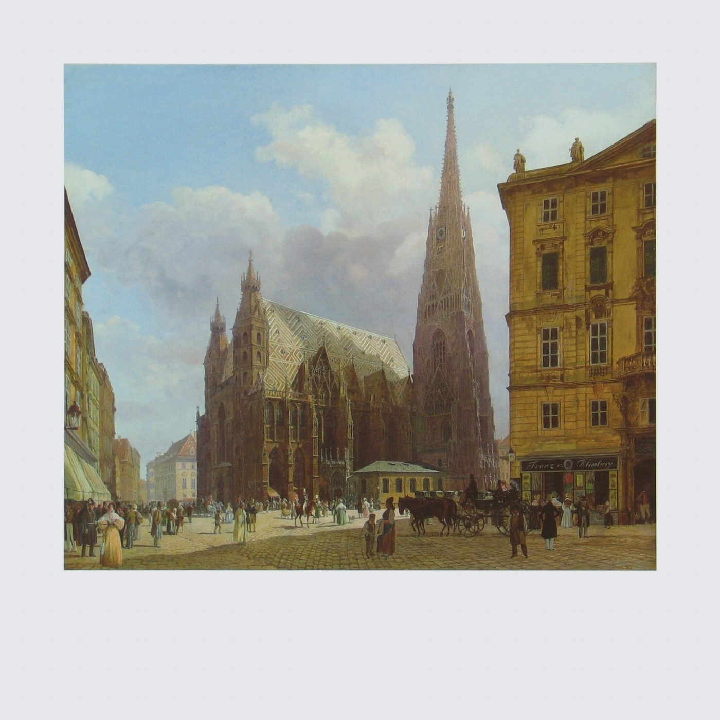 Rudolf Alt, Der Stephansplatz, 1834 (Malerei, Aquarell, Städte, Wien, Österreich, Architektur, Stefansdom, Kirche, Winter, Schnee, Klassiker, Wohnzimmer, bunt)