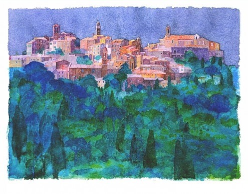 Ralf Westphal, Montepulciano / Toscana (Stadt, historisch, mediterran, Landschaft, Idylle, Italien, Malerei, modern, dekorativ, Wohnzimmer, Treppenhaus, bunt)