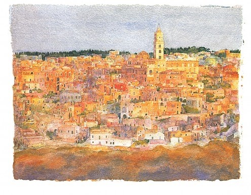 Ralf Westphal, Matera -Sassi / Basilicata (Stadt, historisch, mediterran, Idylle, Italien, Malerei, modern, dekorativ, Wohnzimmer, Treppenhaus, bunt)