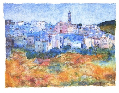 Ralf Westphal, Miglionico / Basilicata (Stadt, historisch, Landschaft, Idylle, Italien, Malerei, modern, dekorativ, Wohnzimmer, Treppenhaus, bunt)