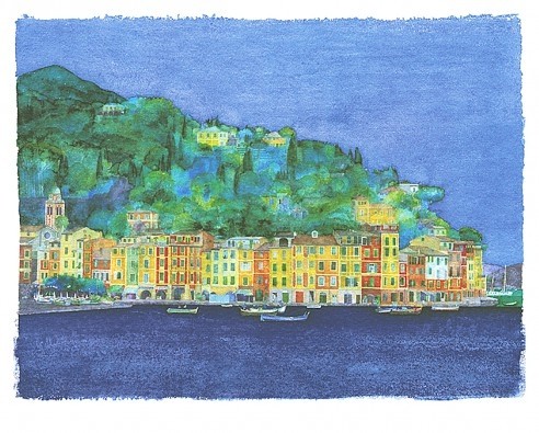 Ralf Westphal, Portofino / Ligurien (Stadt, Küstenstadt, Levante, Italien, Meer, Hafen, Boote, Malerei, modern, dekorativ, Wohnzimmer, Treppenhaus, bunt)