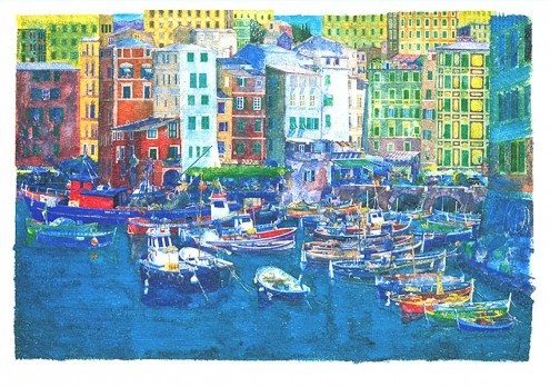 Ralf Westphal, Camogli / Levante (Stadt, Küstenstadt, Levante, Italien, Meer, Hafen, Boote, Malerei, modern, Wohnzimmer, bunt)