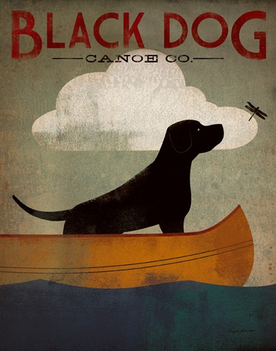 Ryan Fowler, Black Dog Canoe (Wunschgröße, Plakatkunst, Retro, Nostalgie, Hund, schwarzer Hund, Boot, Libelle, Wassersport, Kanu, Treppenhaus, Wohnzimmer, bunt)
