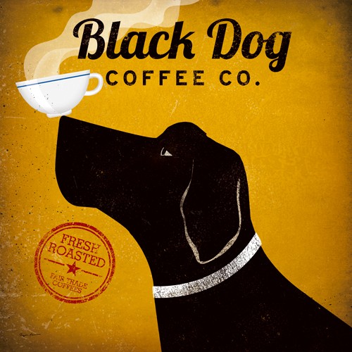 Ryan Fowler, Black Dog Coffee Co. (Wunschgröße, Plakatkunst, Retro, Nostalgie, Hund, schwarzer Hund, Kaffee, Tasse, Balance, Nasenspitze, Bistro, Café, Gastronomie, Küche, Esszimmer, bunt)