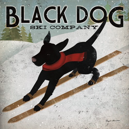 Ryan Fowler, Black Dog Ski (Wunschgröße, Plakatkunst, Retro, Nostalgie, Hund, schwarzer Hund, roter Schal, Ski laufen,  Skier, Wintersport, Wohnzimmer, Treppenhaus, bunt)