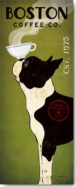 Ryan Fowler, Boston Terrier Coffee Co. (Wunschgröße, Plakatkunst, Retro, Nostalgie, Hund, Terrier, Kaffee, Tasse, Balance, Nasenspitze, Bistro, Café, Gastronomie, Küche, Esszimmer, bunt)