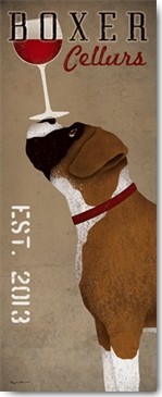 Ryan Fowler, Boxer Cellars (Wunschgröße, Plakatkunst, Retro, Nostalgie, Hund, Boxer, Wein, Rotwein, Weinglas, Balance, Nasenspitze, Bistro,  Gastronomie, Vinothek, Küche, Esszimmer, bunt)