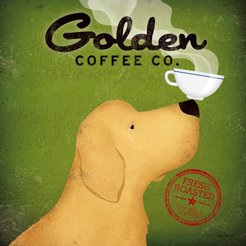 Ryan Fowler, Golden Dog Coffee Co. (Wunschgröße, Plakatkunst, Retro, Nostalgie, Hund, goldener Hund, Kaffee, Tasse, Balance, Nasenspitze, Bistro, Café, Gastronomie, Küche, Esszimmer, bunt)
