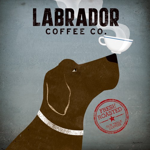 Ryan Fowler, Labrador Coffee Co. (Wunschgröße, Plakatkunst, Retro, Nostalgie, Hund, Labrador, brauner Hund, Kaffee, Tasse, Balance, Nasenspitze, Bistro, Café, Gastronomie, Küche, Esszimmer, bunt)