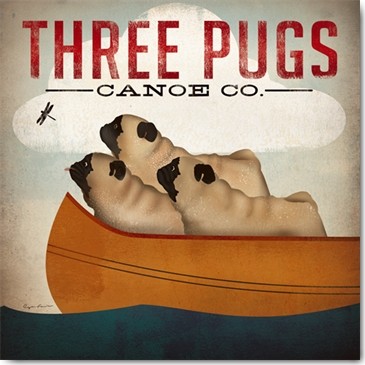 Ryan Fowler, Three Pugs in a Canoe v.3 (Wunschgröße, Plakatkunst, Retro, Nostalgie, Hunde, Möpse, Boot, Libelle, Wassersport, Kanu, Treppenhaus, Wohnzimmer, bunt)