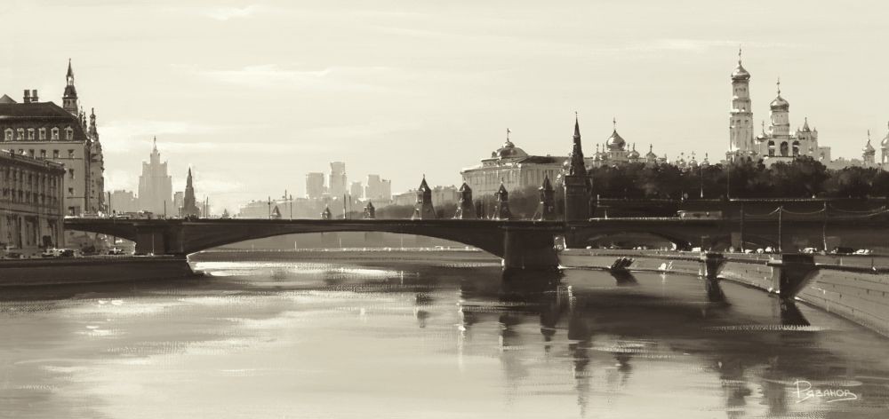 Ryazanov, Bolshoy Moskworetsky Bridge (Photografie, Fotokunst, Moskau, Städte, Fluss, Brücke, Architektur, Gebäude, Büro, Wohnzimmer, schwarz/weiß)