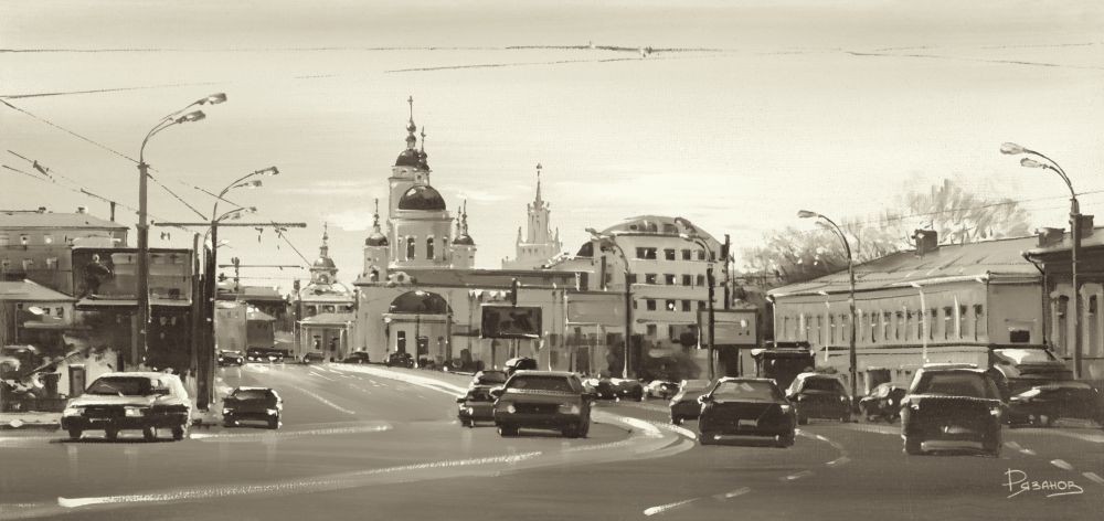 Ryazanov, Sergy Radonezhsky Street (Photografie, Fotokunst, Städte, Architektur, Straße, Verkehr, Russland, Gebäude, Wohnzimmer, schwarz/weiß)